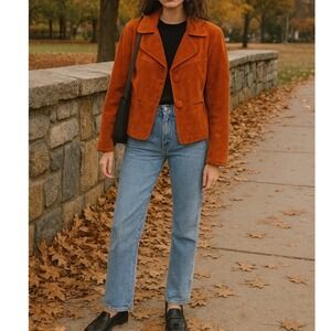 Vintage Y2K 90s Women's Orange Suede Leather Blazer Jacket Gilmore Girls-Size‎ 6